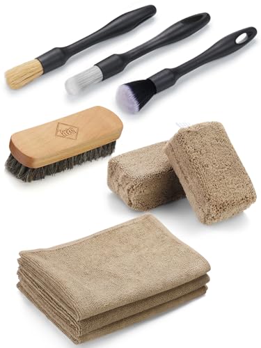 Fantasticlean 9PCS Car Interior Detailing Set, Microfiber Cloth & Applicator, Single-Head Detailing Brushes, Natural Bristles, Scratch-Free & Ultra-Soft for Seats Leather Care or Cleaning