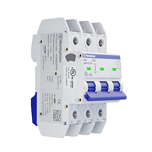 Westinghouse UL 489 AC Miniature Circuit Breaker, 60 Amp, 3 Pole, D Curve, 10kA, 480Y/277V AC, Non-Polarized, UL Listed, DIN Rail Breaker with Thermal Magnetic Trip