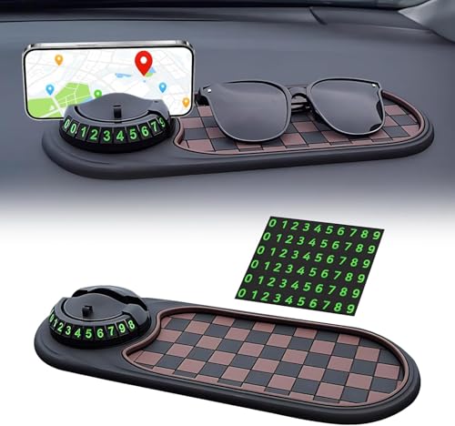Multifunction Car Anti-Slip Mat Auto Phone Holder, Rotatable Anti Skid Car Dashboard Pad with Temporary Parking Numbe, Universal Anti-Slip Pad (Red Checkered Pattern)