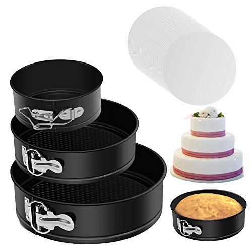 MASSUGAR Springform Cake Pan Set of 3 Non-stick Leakproof Round Cheesecake Pan with Removable Bottom, Circle 3 Pieces 4" 7" 9" Springform Pans for Baking with 50 Pcs Parchment Paper Liners