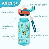 wooshwa Kids Water Bottle for School or Travel, 20 Oz 2 Pack Durable Plastic Water Bottle with Silicone Straw and Pop-Up Spout Cover, BPA Free & Dishwasher Safe(Rocket & Ocean Animals)