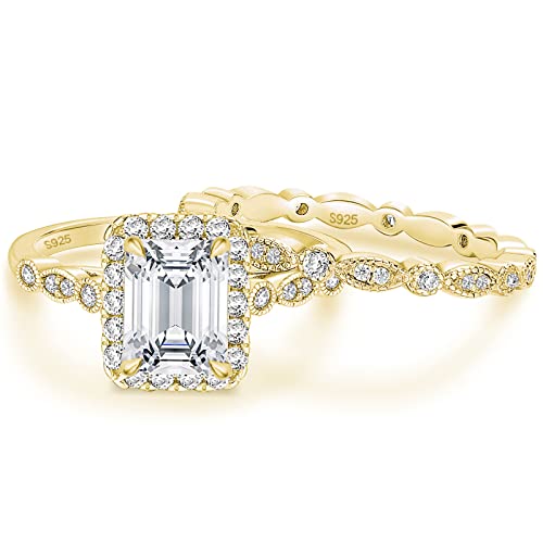 EAMTI 2CT 925 Gold Sterling Silver Bridal Ring Sets Emerald Cut CZ Engagement Vintage Promise Rings Marquise Wedding Bands for Women Size 6