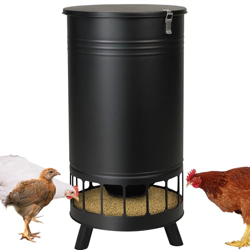 Solution4Patio 65 LB Large Free Standing Chicken Feeding Barrel, Portable Gravity Chicken Feeder Automatic, Dispenser, 16 Feeding Ports Poultry Feeder, Hen Coop (Black)