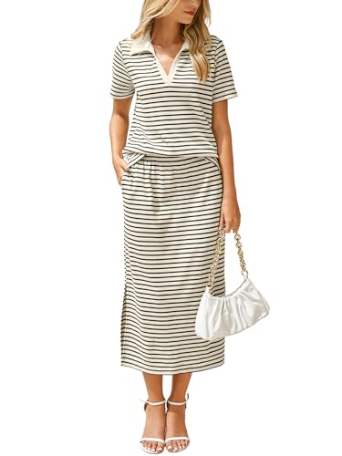 Glamaker Womens 2 Piece Skirt Sets Short Sleeve Polo Top and Midi Skirt Matching Sets Summer Travel Outfits (Black Beige S)
