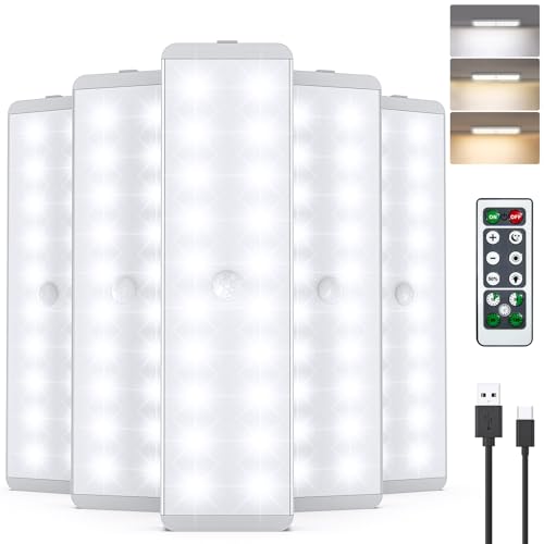 LED Closet Light, 5 Pcs 3 Color Temperatures Dimmer USB Rechargeable Motion Sensor Light Under Cabinet Lighting with Remote Control, Wireless Stick-Anywhere Night Safe Light Bar for Wardrobe,Kitchen
