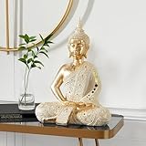 Deco 79 Polystone Buddha Decorative Sculpture Meditating Carved Home Decor Statue with Intricate Carvings and Mirrored Embellishments, Accent Figurine 14" x 9" x 20", Gold