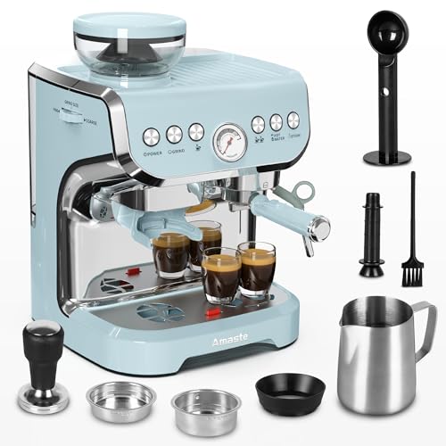 Amaste Espresso Machine with Grinder, 15 Bar Espresso Machine with Steam Wand for Latte and Cappuccino, 68Oz Water Tank, Pre-Infuse Brewing, Espresso Coffee Maker for Home Use, Barista Kit, Blue