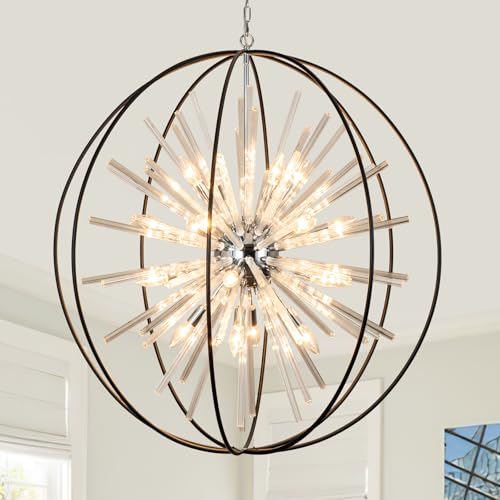 Vezzio Large Black Crystal Chandelier 20-Light Modern Globe Sputnik Chandeliers for High Ceiling Foyer Entryway Stairway Dining Room Living Room Hallway D35