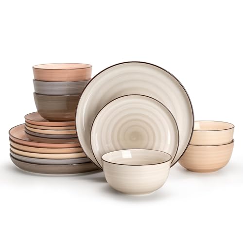 Sweese Plates and Bowls Sets, 18 Piece Dinnerware Set Porcelain Round Dinner Set for 6, Scratch Resistant Dishes Set, Dishwasher and Oven Microwave Safe Handpainted Swirl Dishware Sets, Neutral