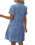 LookbookStore Women Denim Dress for Summer Babydoll Jean Dress Button Down Short Sleeve Denim Dress Tiered Flowy Dress Loose Jean Dress Reef Blue Denim Babydoll Dress Size S Size 4 6