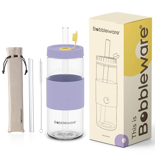 Borosilicate Boba Cup, Glass Bubble Tea Cup, Tumbler with Lid & Straw, Reusable Boba Smoothie Cup, Travel Tumbler, Leak-proof, Dishwasher Safe, Violet-500ml