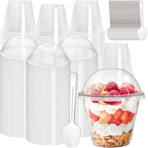 Coloch 100 Pack 9 Oz Clear Plastic Cup with Dome Lid and Spoon, Disposable Crystal Dessrt Parfait Cup Bulk Party Cup Fruit Container for Fruit, Puddings, Dessert, Cold Drinks, Ice Cream