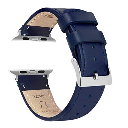 BARTON WATCH BANDS - Navy Blue Leather & Stitching Top Grain Leather Watch Bands Compatible with Apple Watch Models - 1, 2, 3, 4, 5, 6, 7, 8, 9, 10, SE, Ultra & Ultra 2 - (38mm/40mm/41mm)