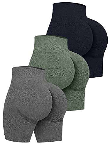 OQQ Women's 3 Piece High Waist Workout Shorts Butt Lifting Tummy Control Ruched Booty Smile Yoga Short Pants Black ArmyGreen Grey