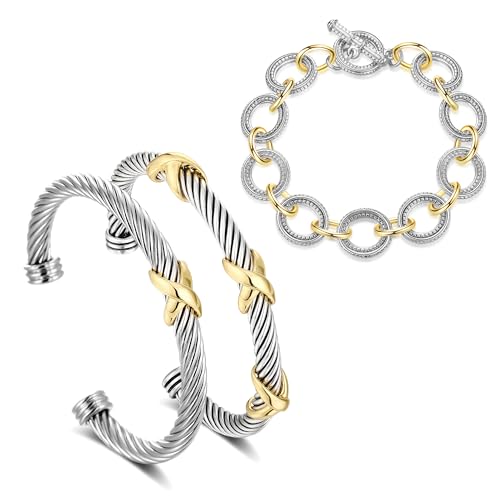 HANTNOOL 3PCS Twisted Cable Bracelet and Chain Trendy Cuff Bracelet Link Designer Dupes Adjustable Bangle Set Jewelry for Women for Her (Two Cuff and Chian A)