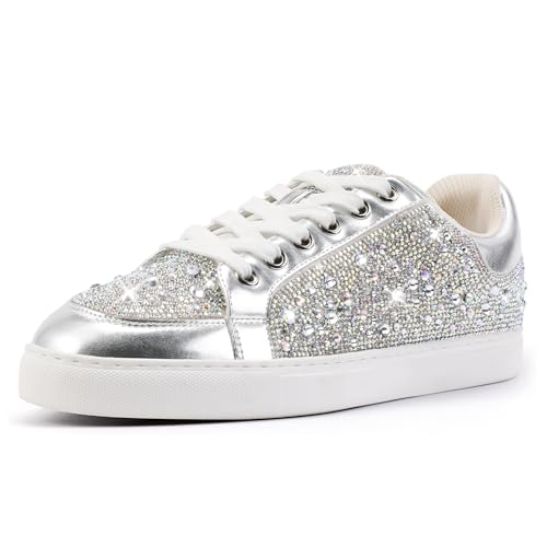 IDIFU Rhinestone Silver Sneakers for Women Bling Sparkly Tennis Shoes Wedding Bridal Party Sneakers Shoes Comfortable Fashion Casual Trendy Bedazzled Lace Up Bride Sneakers for Women(Rhinestone, 8.5)