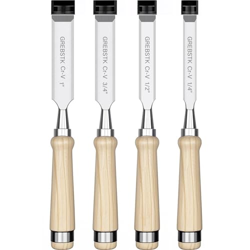 GREBSTK 4 Pcs Wood Chisel Set, CRV Steel Bevel Sharp Edge Bench Chisels with Edge Cover, Comfortable Oversized Solid Wood Handle, for Woodworking and DIY Projects, 11"x(1/4", 1/2", 3/4", 1")
