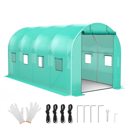 7*15*7FT Walk-in Greenhouse, Portable Walking in Tunnel Tent, Walking in Tunnel Tent with Galvanized Pipe, 2 Roller Zippered Door & 8 Screen Windows, Greenhouses for Outdoors (Bottom widening Design)