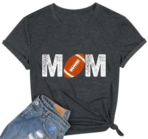 Football Mom T-Shirt for Women Game Day Funny Football with Heart Graphic Novelty Short-Sleeve Summer Crewneck Top-Football M