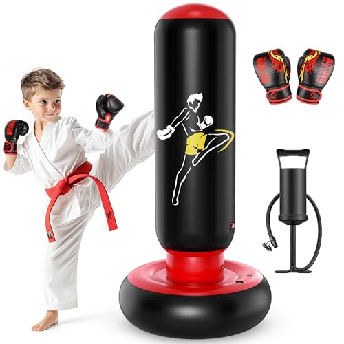 QPAU Kids Punching Bag Toy with Boxing Gloves, 66 Inch Larger Stable Kids Inflatable Boxing Bag Set, Gifts for Boys & Girls Age 6-12, for Practicing Karate, Taekwondo, MMA (Black&Red)