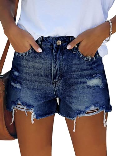 Pink Queen Summer Trendy Ripped Jean Shorts for Women High Rise Tummy Control Straight Legs Hot Shorts Destroyed Frayed Raw Hem Denim Shorts with Pockets Blue XL