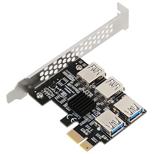 JMT PCI-E 1x to 16x Riser Card PCI-Express 1 to 4 Slot PCIe USB3.0 Adapter Port Multiplier Miner Card for BTC Bitcoin Miner Mining (No Cable)