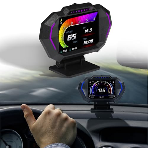 P SEPEY HUD Heads Up Display for Car, OBD+GPS Multi-Data Monitor Digital Speedometer Head Up Display, Overspeed Alarm RPM Water Temperature Turbo Pressure Smart Gauge for Most Vehicles After 2008