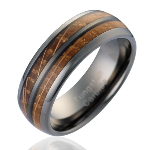 100S JEWELRY Gunmetal Gray Tungsten Rings For Men whiskey barrel Wood grain Inlay wooden Wedding Promise Engagement Band Size 6-16 (Gunmetal Gray, 10.5)