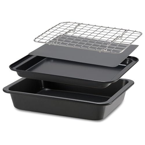 Checkered Chef Toaster Oven Pans - 5 Piece Nonstick Bakeware Set Includes Baking Trays, Rack and Silicone Baking Mats - Best Accessories For Toaster and Convection Ovens