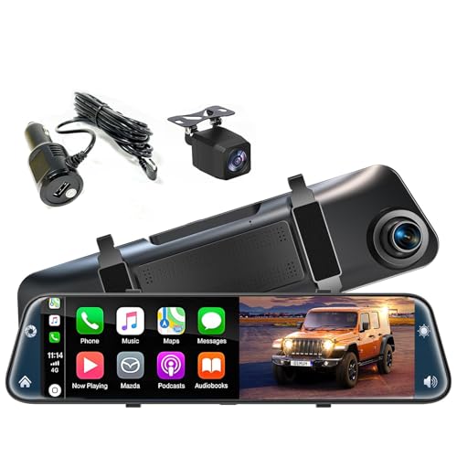 12'' Rearview Mirror Camera with CarPlay&Andorid Auto,4K Mirror Dash Cam Front and Rear Backup Camera with Reverse Assist/Loop Record/G Sensor/Voice Control&Split Touch Screen,64GB Card Included