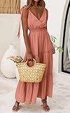 PRETTYGARDEN Women's Cross Neck Summer Sleeveless Tiered Maxi Dress Beach Tie Strap Smocked Long Dresses Pleated Sundress (Nude Pink,Small)