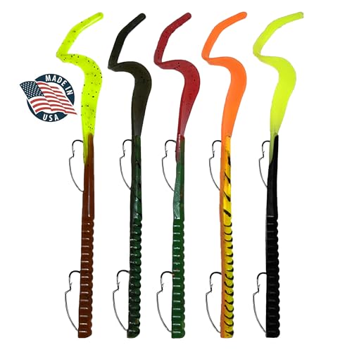 Made in USA Fishing Lures Bass Set, 10" Pre-Rigged Weedless Swim Bait, Twister Tail Bass Fishing Lures, Extra Durable Soft Plastic Baits for Freshwater - 5 pcs Bass Baits and Lures Pack, DeLong Lures