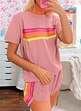 SHEWIN Two 2 Piece Sets for Women Summer Casual Short Sleeve Pullover Tops Matching Shorts Trendy Loose Lounge Set Womens Clothing Pink XX-Large