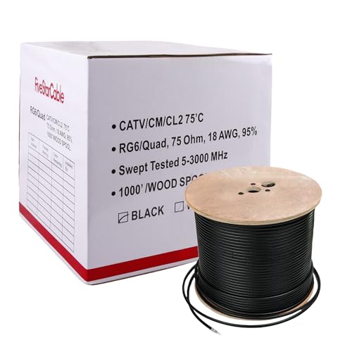 Five Star Cable ETL Listed RG6 18AWG Coaxial Cable, Quad Shielded, Black, Spool, 1000 Ft