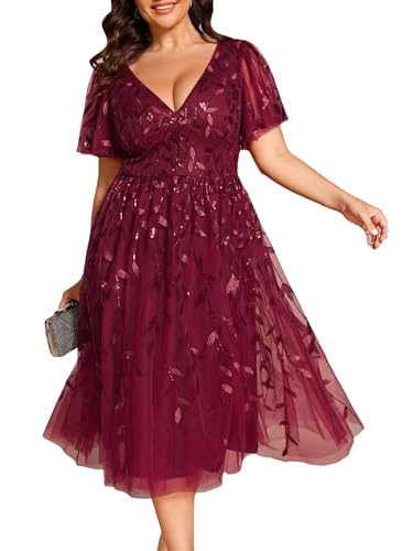 Ever-Pretty Women's V Neck Short Sleeves Embroidery Empire Waist Sequin Plus Size Midi Cocktail Wedding Guest Dresses Burgundy US24