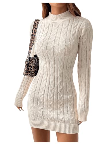 MakeMeChic Women's Cable Knit Mock Neck Sweater Dress Backless Long Sleeve Bodycon Mini Dresses Beige Small