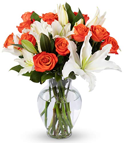 Benchmark Bouquets - Oriental Lilies & Orange Roses (Glass Vase Included) - Fresh Flowers for Delivery - Gift for Graduation, Birthday, Anniversary, Sympathy, Get Well, Congratulations