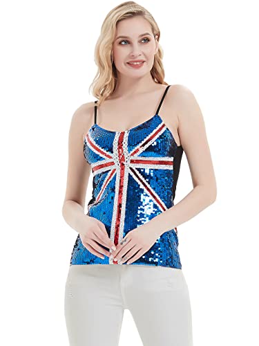 Anna-Kaci Womens Union Jack Flag Sequin Slim Adjustable Spaghetti Strap Tank Top,Blue,Small