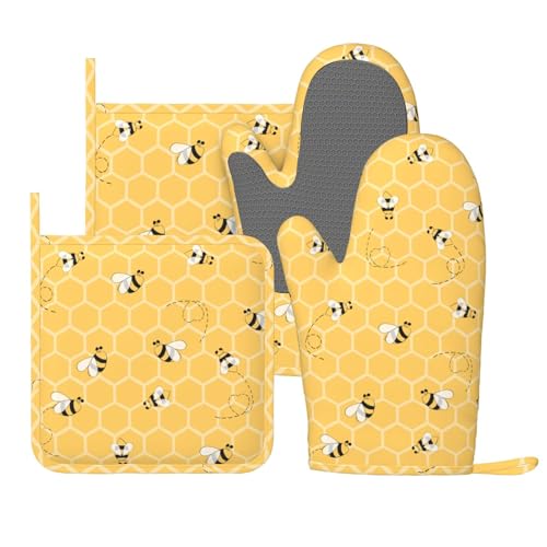 Yellow Honey Honeycomb Cute Bee Oven Mitts and Pot Holders Set of 4 Silicone Heat Resistant Oven Mitten Potholders Non Slip Gloves Kitchen Decor for BBQ Cooking Grilling Baking