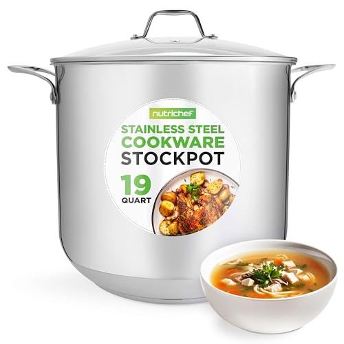 NutriChef 19-Quart Stainless Steel Stockpot – 18/8 Food Grade Heavy-Duty Induction-Compatible Pot with See-Through Lid, Ideal for Stews, Broths, Simmering & Soups, Dishwasher Safe – NCSP20