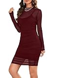 Rooscier Women's Sheer Mesh 2 Pcs Mock Neck Outfits Long Sleeve Ruched Bodycon Club Midi Dress Wine Red Small