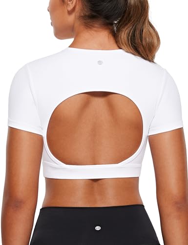 CRZ YOGA Womens Butterluxe Double Lined Open Back Crop Tops Backless Short Sleeve Workout Shirts Casual Tight T-Shirts White Medium