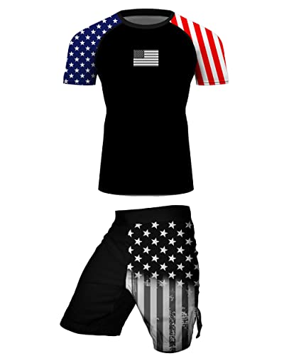 Men's American Flag Series MMA BJJ Cross Training Rash Guard Shorts Spat No Gi Set 2 PCS - Workout Outfit Set