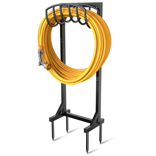 Pattiumo Garden Hose Holder with 4 Spikes, Water Hose Holders for Outside, 150ft Garden Hose Storage Heavy Duty Hose Hanger Metal Hose Stand Detachable Hose Reel Rack Organizer