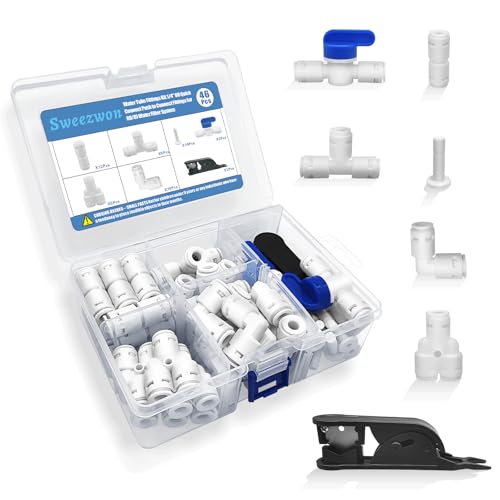 Sweezwon Water Tube Fittings Kit, 1/4" OD Quick Connect Push to Connect Fittings for RO/DI Water Filter System (Ball Valve+ T+ I+ L+ Y+ Professional Tubing Cutter, 46Pcs)