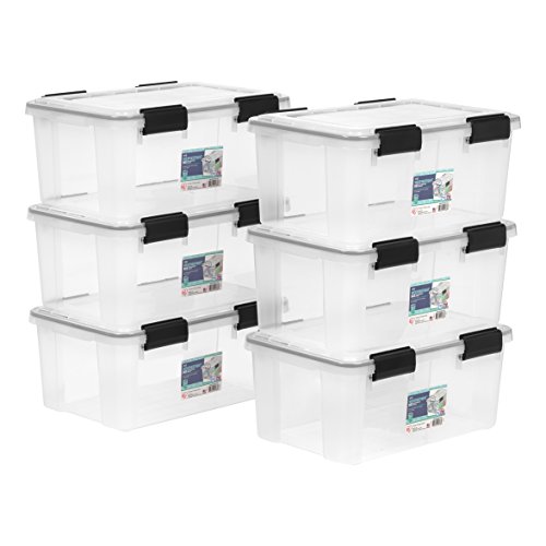 IRIS USA WeatherPro 19 Qt Storage Bins with Lids, 6 Pack, BPA-Free Plastic Gasket Box with Tight Latch and Seal, Stackable Nestable Tote Tub - Clear/Black