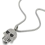 COOLSTEELANDBEYOND Steel Large Sugar Skull Pendant Necklace for Men Women with Cubic Zirconia and 30 inches Wheat Chain