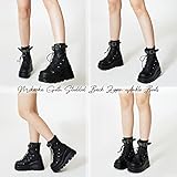 mikarka Holographic Platform Boots for Women, Lace Up Ankle Studded Buckle Goth Stacked Wedge Combat Ankle Booties