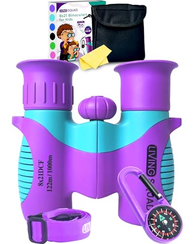 Kids Binoculars 8x21 Purple- Girls Age 3-12, Shock Proof Compact Binoculars Child Set- Neck Strap, Compass, Carabiner, Case, High-Resolution Bird Watching Optics Child Gift CampingToy Travel