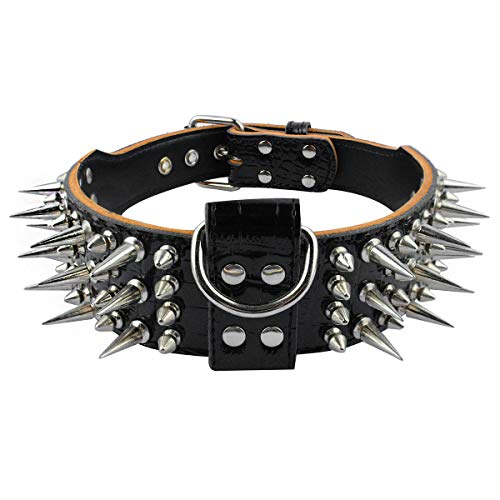 PET ARTIST 2" Wide Luxury Sharp Spiked Dog Collar, Durable Anti-Biting PU Leather Dog Collar for Large Dogs, Black, XL, Neck for 21-24"